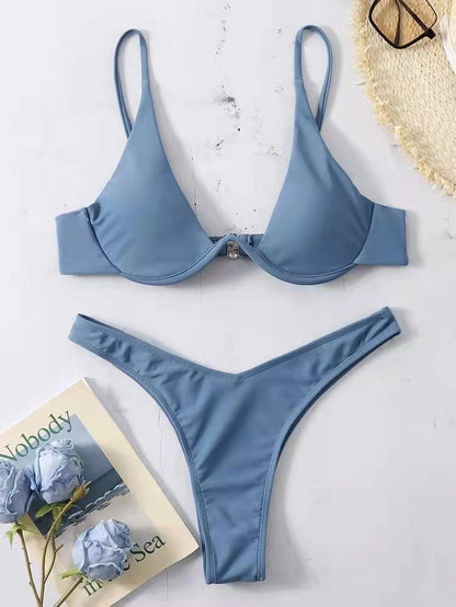 Sexy Bikini Split Gathering Steel Bracket Solid Color Swimsuit Women