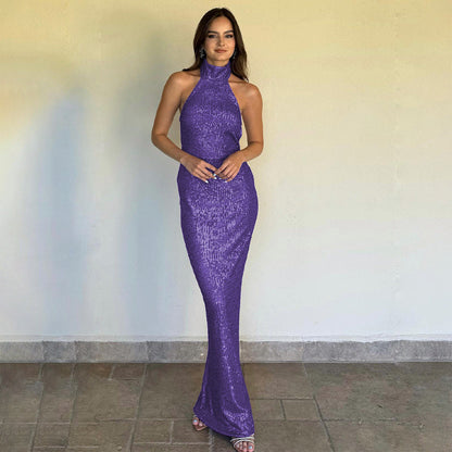 Summer Elegant Slim Women Dress Sexy Backless Sleeveless Sequined Sheath Dress