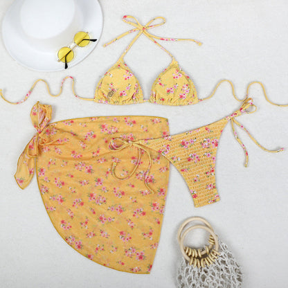 Printed Bikini Three Piece Gauze Skirt Split Sexy Vacation Bikini Swimsuit