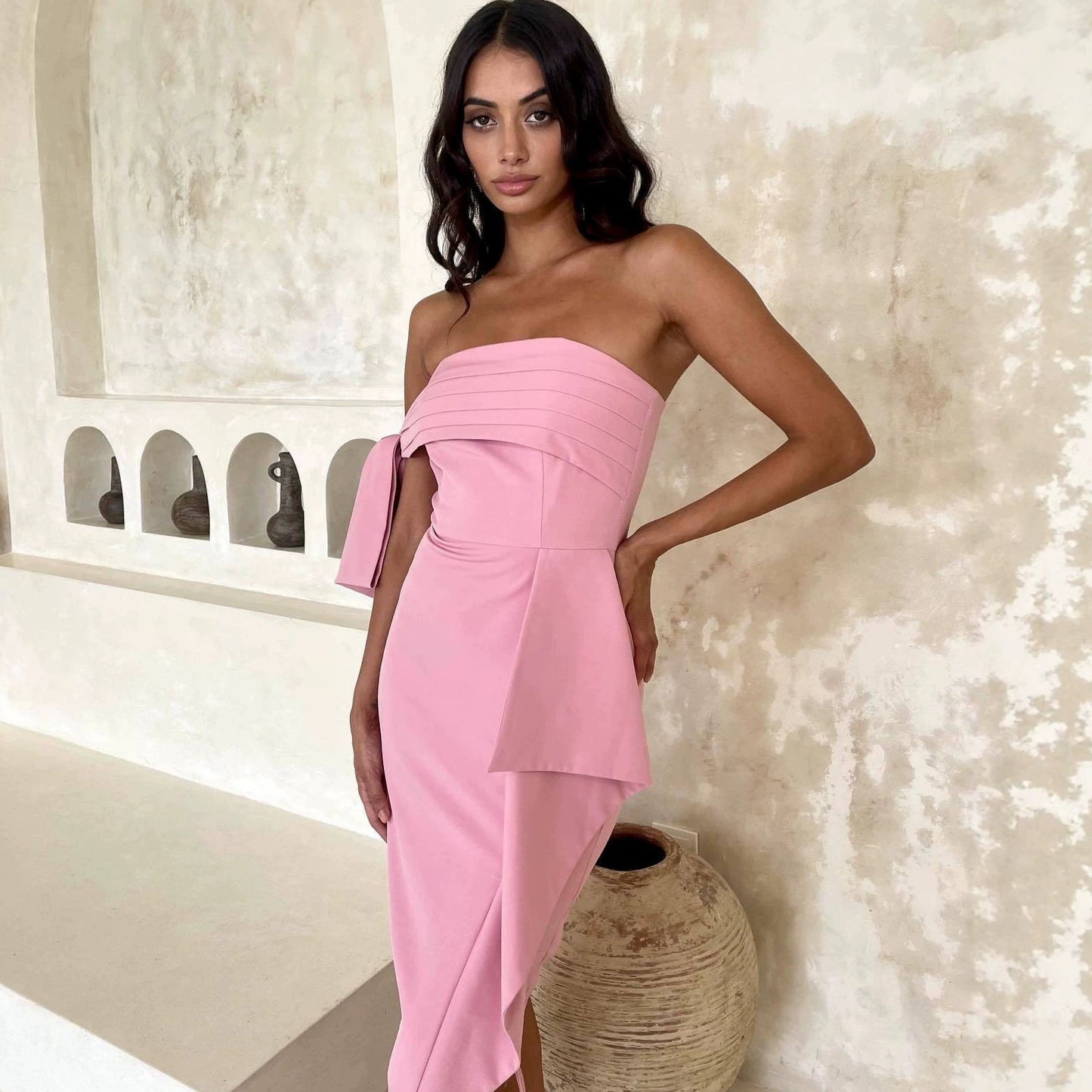 Off Shoulder Tube Top Short Elegant Slimming Fitted Waist Pleated Asymmetric Party Dress