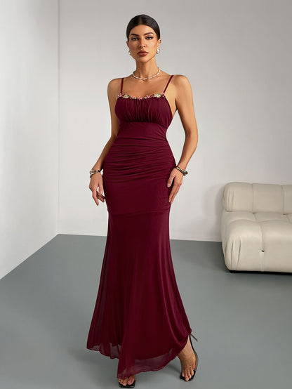 Slim Fit Fishtail Dress Women Sling Pleating Dress Slim Fit Sexy Party Party Wedding Bridesmaid