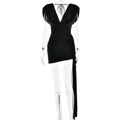 Women Clothing Summer Sexy Swing Collar Backless Sleeveless Ribbon Hip Bag Dress