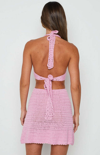 Summer Women Clothing V neck Halter Sleeveless Hollow Out Cutout Knitted Sexy Backless Dress