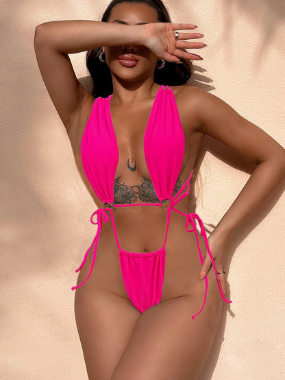Bikini Double One Piece Swimsuit Solid Color Bikini Swimwear Women Cross Swimsuit Sexy