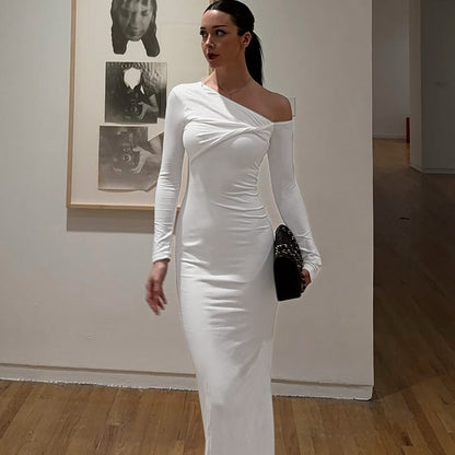 Women Wear Summer Slim Shoulder Twist Solid Color Dress