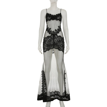 Summer Women Mesh Lace Lace Spaghetti Strap Dress See through Sexy Nightdress Vacation Maxi Dress