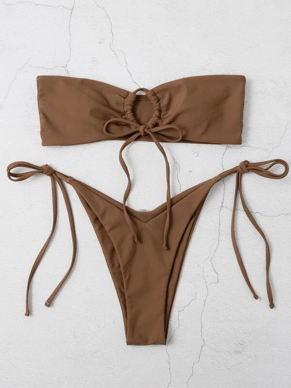 Women Seperated Swimwear Low Waist Basic Strapless Solid Color Tube Top Sexy Bikini
