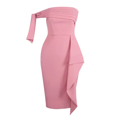Off Shoulder Tube Top Short Elegant Slimming Fitted Waist Pleated Asymmetric Party Dress