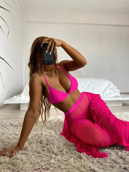 Swimsuit Women Split Three Piece Mesh Solid Color Trousers Bikini