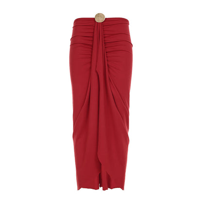 Graceful Women Metal Decorative Long Sleeved Jumpsuit Split Skirt Long Skirt Hollow Out Cutout out Cropped Two Piece Set