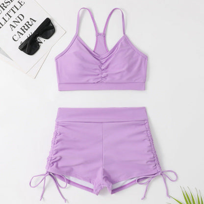 Split Swimsuit Women Solid Color Bikini Sexy Swimsuit Small Chest Push up High Waist Conservative Swimsuit