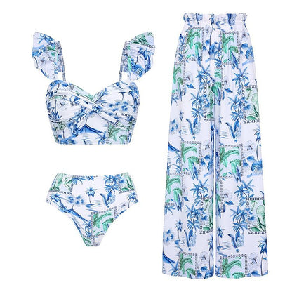 Summer Lotus Leaf Sleeve Split Swimsuit Women Seaside Vacation High Waist Thin Bikini