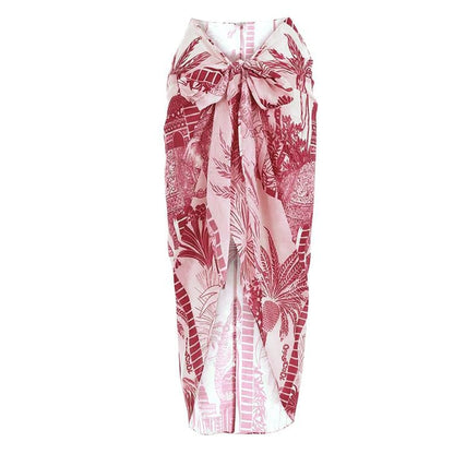 Slant Shoulder Slimming Printed Belt One Piece Swimsuit Women Clothing