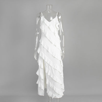 Patchwork Ruffled Sling Maxi Dress Summer Sexy Slit Slim Fitting