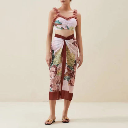 Three Piece Set Swimsuit Customized Printed Steel Bracket Push up Petals Gauze Skirt Swimsuit Women