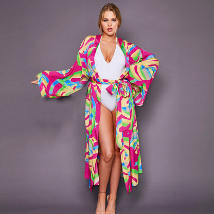 Leopard Print Long Cardigan Loose Beach Sun Protection Coat Beach Cover Up Swimsuit Outwear Women