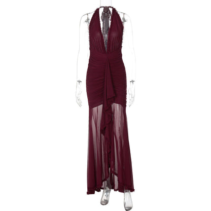 Summer Mesh Stitching Elegant Dress Maxi Dress V neck Halter Backless Sexy Dress Women