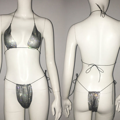 Women Clothing Rhinestone Bikini Set Carnival Sexy Lace Up Outdoor Beach Split Swimsuit