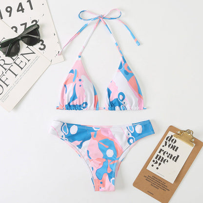 Women Split Sexy Digital Printing Lace up Bikini Swimsuit Swimwear Beach Swimwear