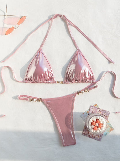 Split Swimsuit Women Sexy Backless Ornament Lace up Bikini Triangle Bag Bikini