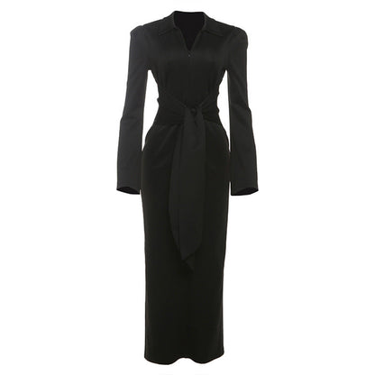 Fall Women Clothing Solid Color Collared Waist Tight Slim Fit Lace up Long Sleeve Zipper Dress