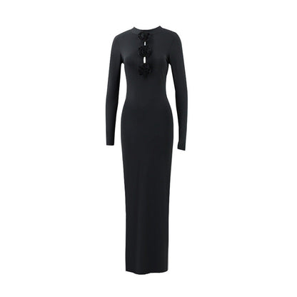 Fall Women Clothing Sexy Cutout Socialite Private Clothing Elegant Three Dimensional Floral Long Sleeve Slim Maxi Dress