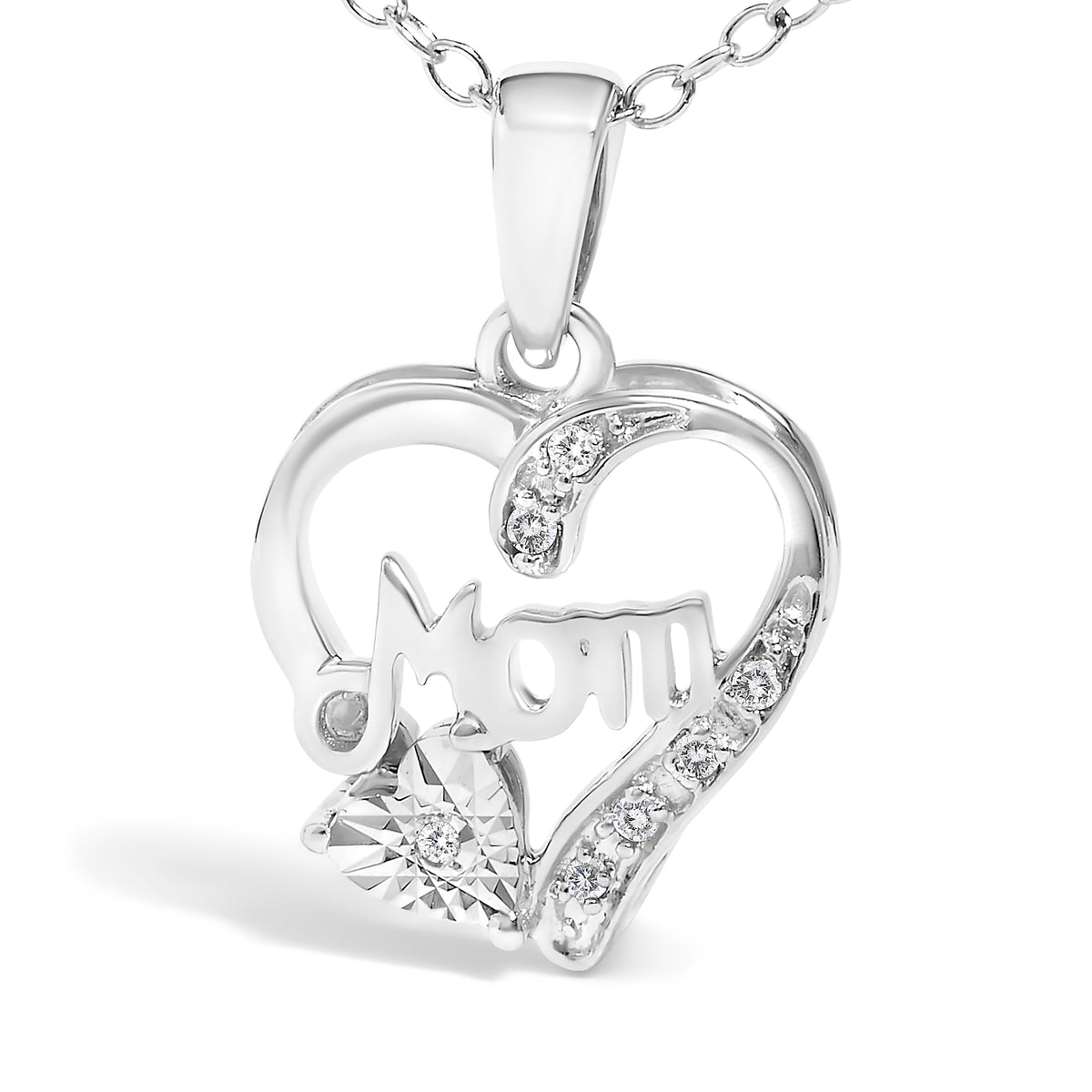 Sterling Silver Diamond Mom Heart Pendant Necklace