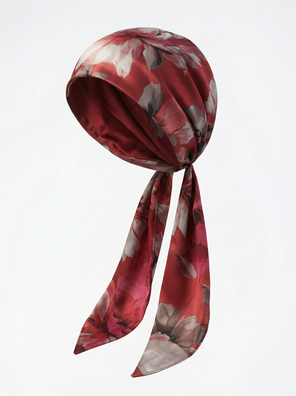 Red Floral Printed Silk headscarf with ties