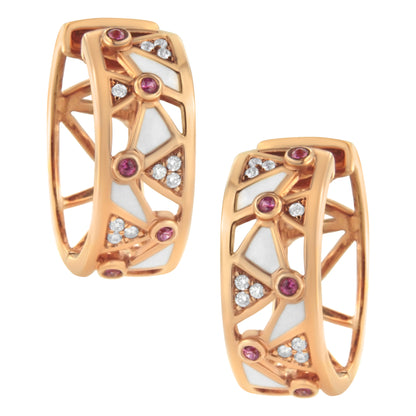 14K Rose Gold 1/6 Cttw Diamond and Pink Tourmaline White Enamel Geometric Hoop Earrings
