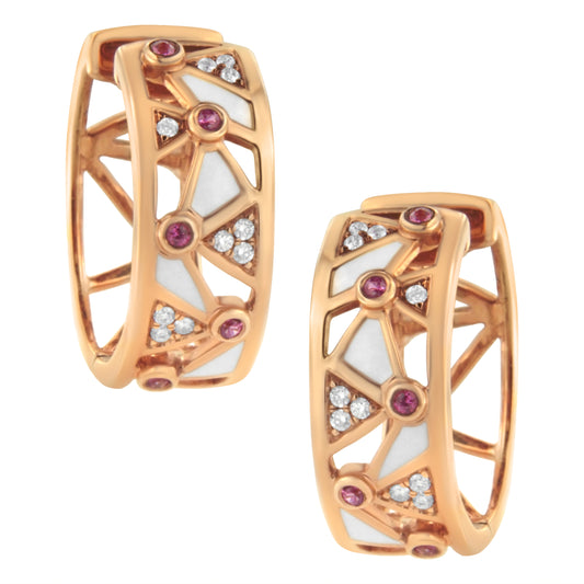 14K Rose Gold Diamond, Pink Tourmaline and White Enamel Hoop Earrings