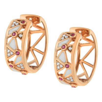 14K Rose Gold 1/6 Cttw Diamond and Pink Tourmaline White Enamel Geometric Hoop Earrings