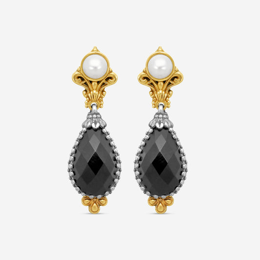 KONSTANTINO - "Nykta" Sterling Silver & 18k Yellow Gold, Onyx Cultured Pearl: & Cultured Pearl Earrings - SKMK2983-224-CUT