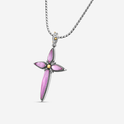 "KONSTANTINO - ""Gen K 2"" Sterling Silver & 18k Yellow Gold, Pink Corundum Cross (COR: 11.35mm x25mm 4&5mm) - STKJ424-652  Pendant Dimensions: 2.25 x 0.38 in. S/S Chain Included:CHKJ22-131-18 (Length - 18in.)"