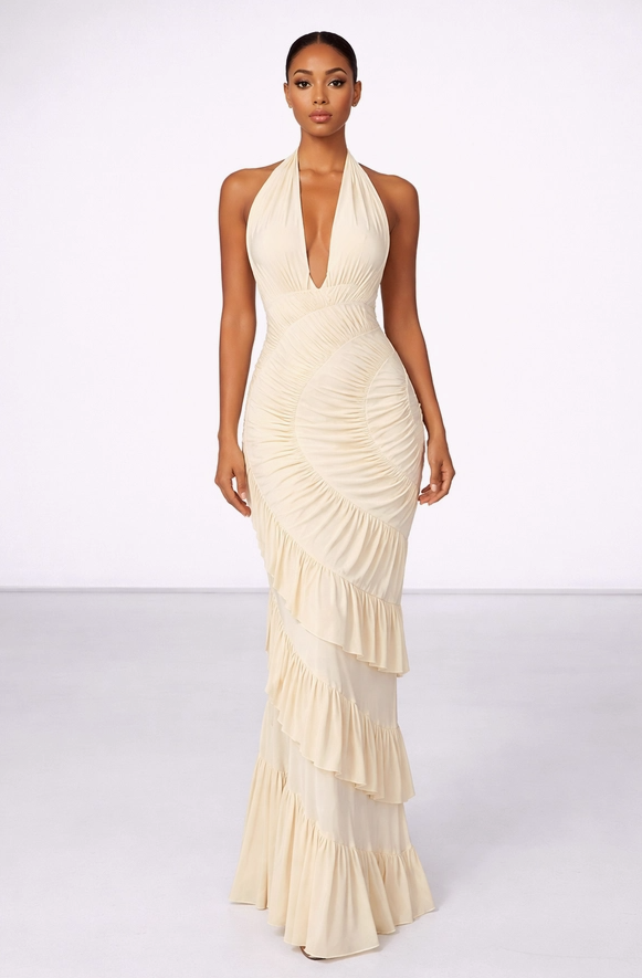 Halter Backless Ruched Ruffle Maxi Dress Elegant