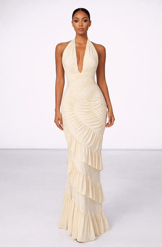 Halter Backless Ruched Ruffle Maxi Dress Elegant