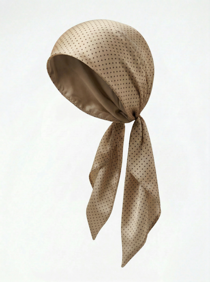 Tan Polka Printed Silk headscarf with ties