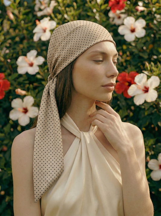 Tan Polka Printed Silk headscarf with ties