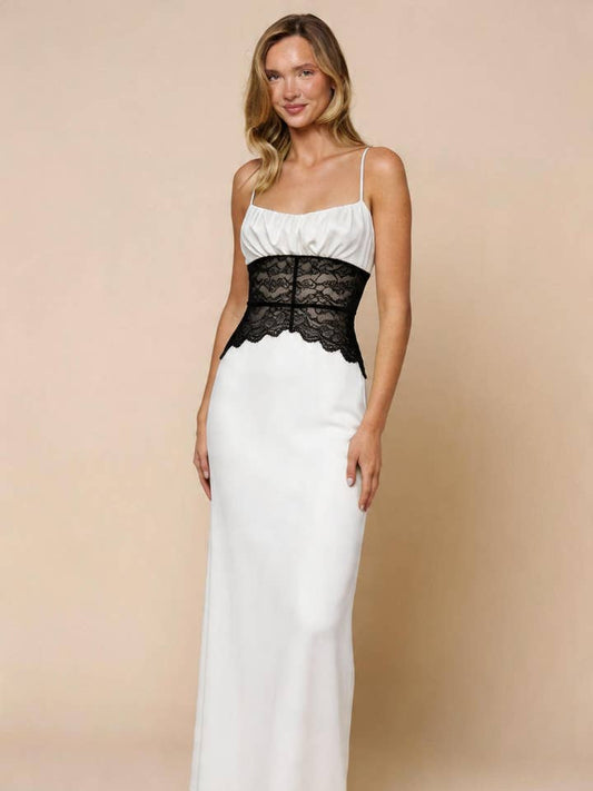 Color Block Lace Contrast Gathered Chest Maxi Dress
