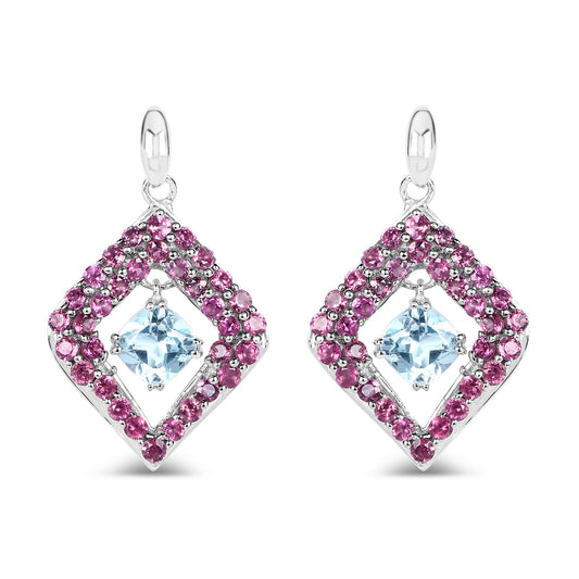 Sterling Silver Blue Topaz & Rhodolite Cocktail Earrings