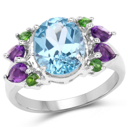 Sterling Silver Swiss Blue Topaz, Chrome Diopside & Amethyst Cocktail Ring