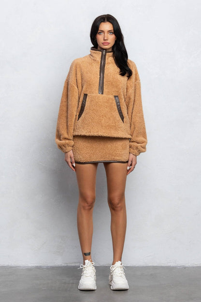 Cozy Half Zip Top & Mini Skirt Set – Fuzzy Lounge Wear for Women