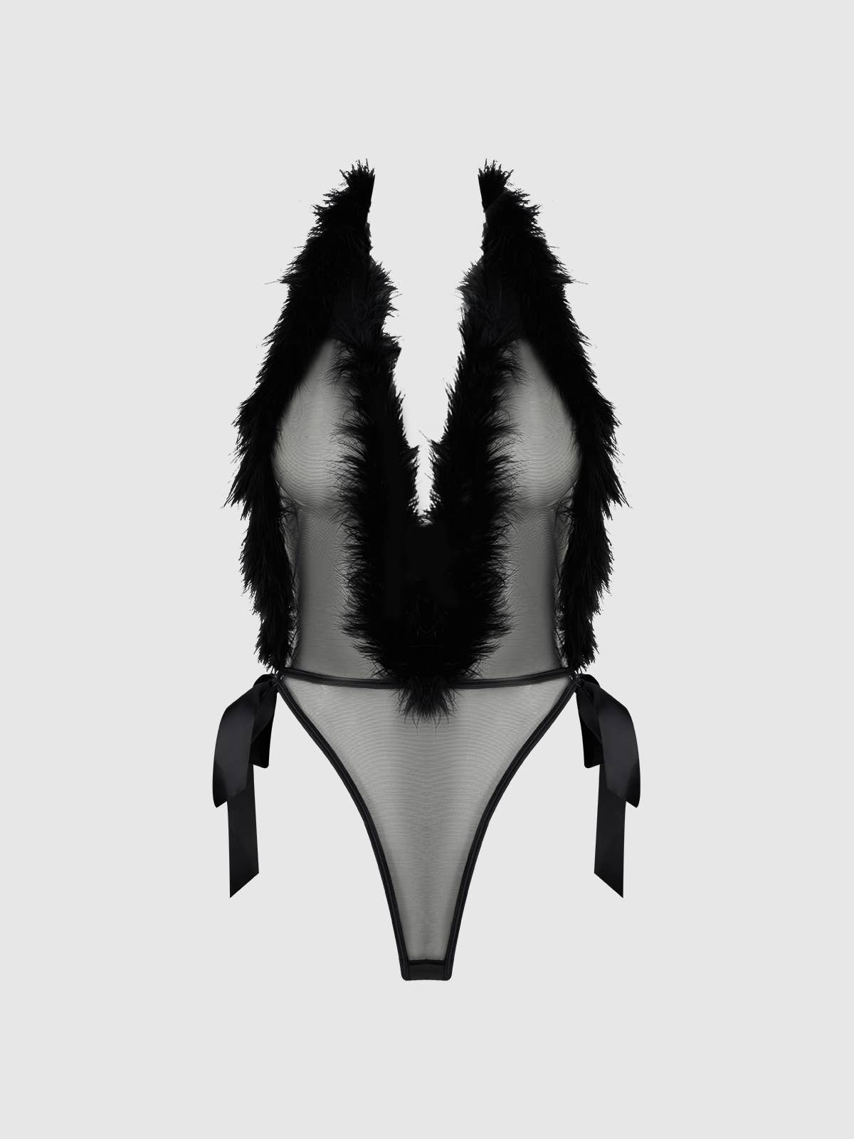 ADMIRE FEATHER TRIM & MESH PLUNGE THONG TEDDY LINGERIE