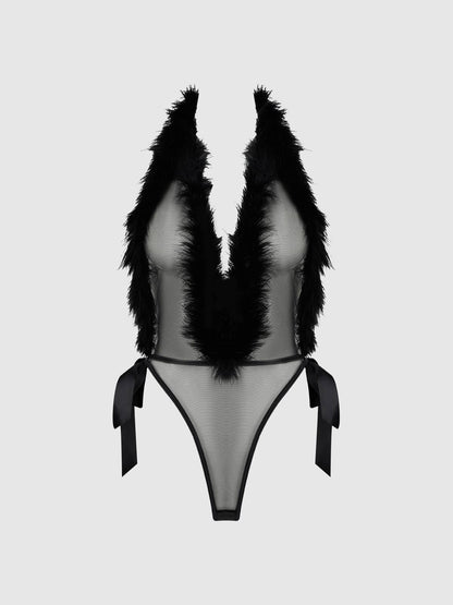 ADMIRE FEATHER TRIM & MESH PLUNGE THONG TEDDY LINGERIE
