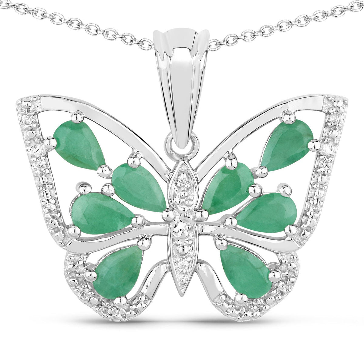 Sterling Silver Emerald and White Zircon Butterfly Pendant