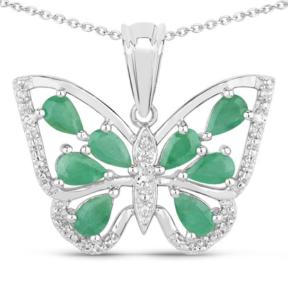 Sterling Silver Emerald and White Zircon Butterfly Pendant