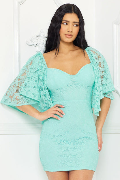 Aqua Lace Cape Sleeve Lacey Mini Dress