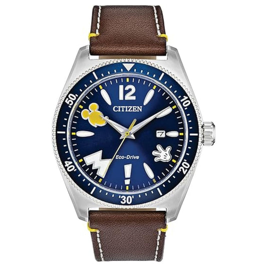 Stainless Steel Brown Leather Strap Blue Dial Quartz Watch
