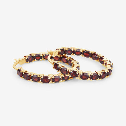 Sterling Silver 14K Yellow Gold Plated Garnet Hoop Earrings