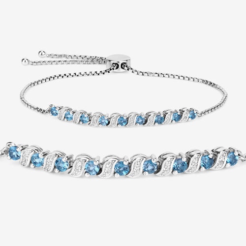 Sterling Silver London Blue Topaz and White Topaz Bolo Bracelet