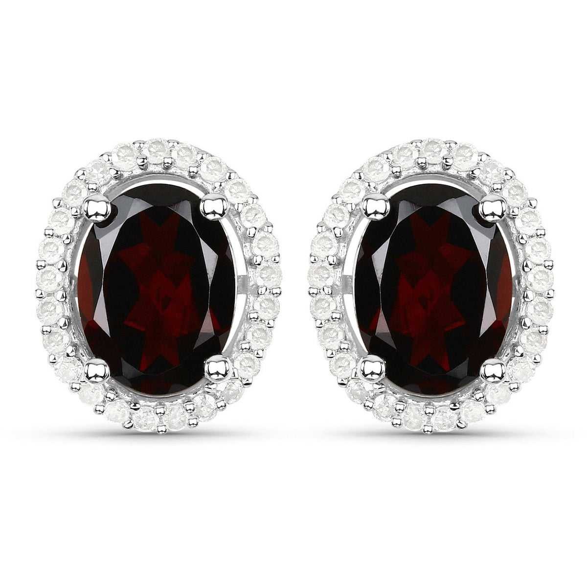 Sterling Silver Garnet and Diamond Oval Stud Earrings
